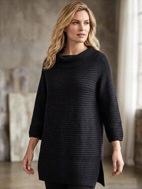 FUZZI Italy Ribbed Mesh Knit Boat Neck Cotton Tunic Sweater, Black Womens Size M